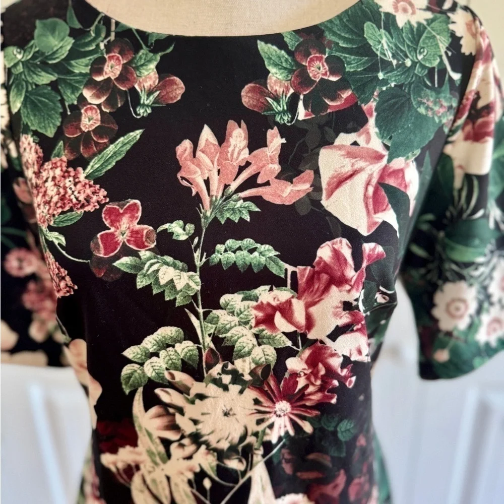 Calvin Klein Floral Scuba Sheath Dress 10 Black Pink Wedding Guest Midi